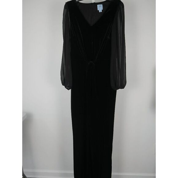 CeCe Women's Black Velvet Long-Sleeve Tie-Waist V-Neck Jumpsuit M - Picture 2 of 11